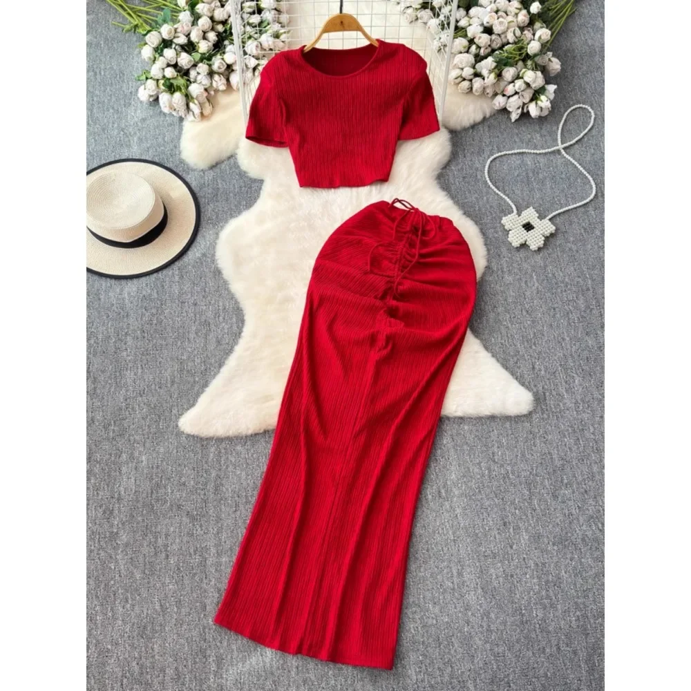 Chic Women Two-Piece Sets Basics O-neck Short Sleeve Top and High Waist Pleated Lace-up Skirt French High Street Summer Clothing