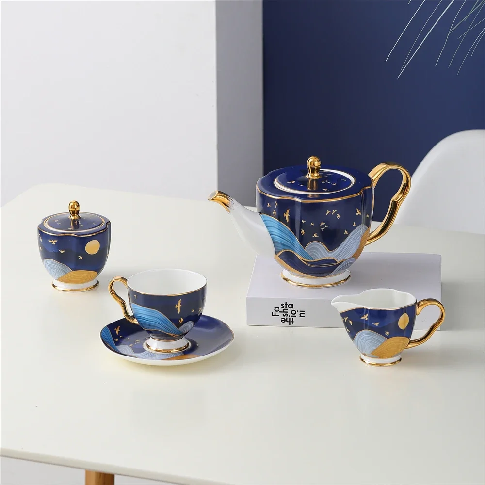 Modern Gift Decal Gold Rim Handle English Afternoon Tea Cup Set Saucer Fine Bone China Ceramic 15pcs Coffee Tea Set