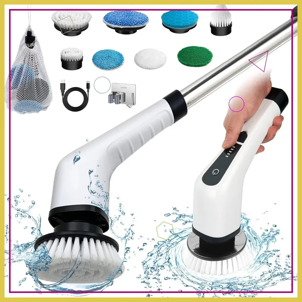 Draadloze elektrische spin-scrubber met 8 opzetborstels, verstelbare handgreep voor het reinigen van badkamertegelvloeren in de auto