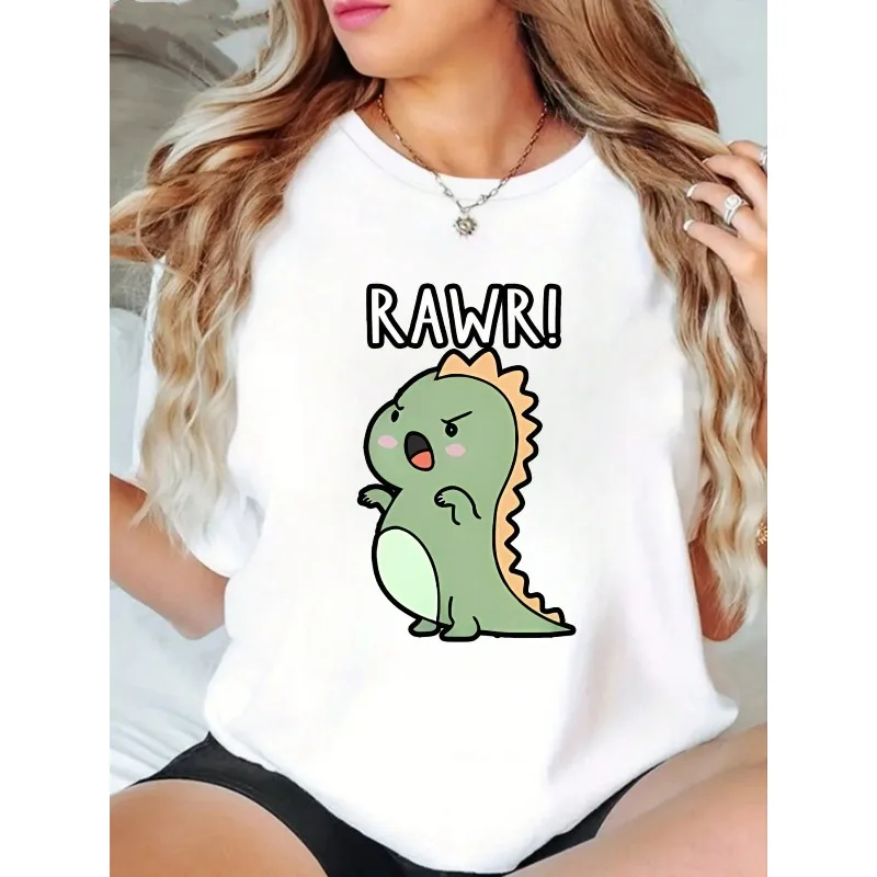 Women's Cotton Cute Angry Dinosaur Printed T-shirt Women's Christmas Top Casual Fashion Round Neck Women's Loose T-shirt