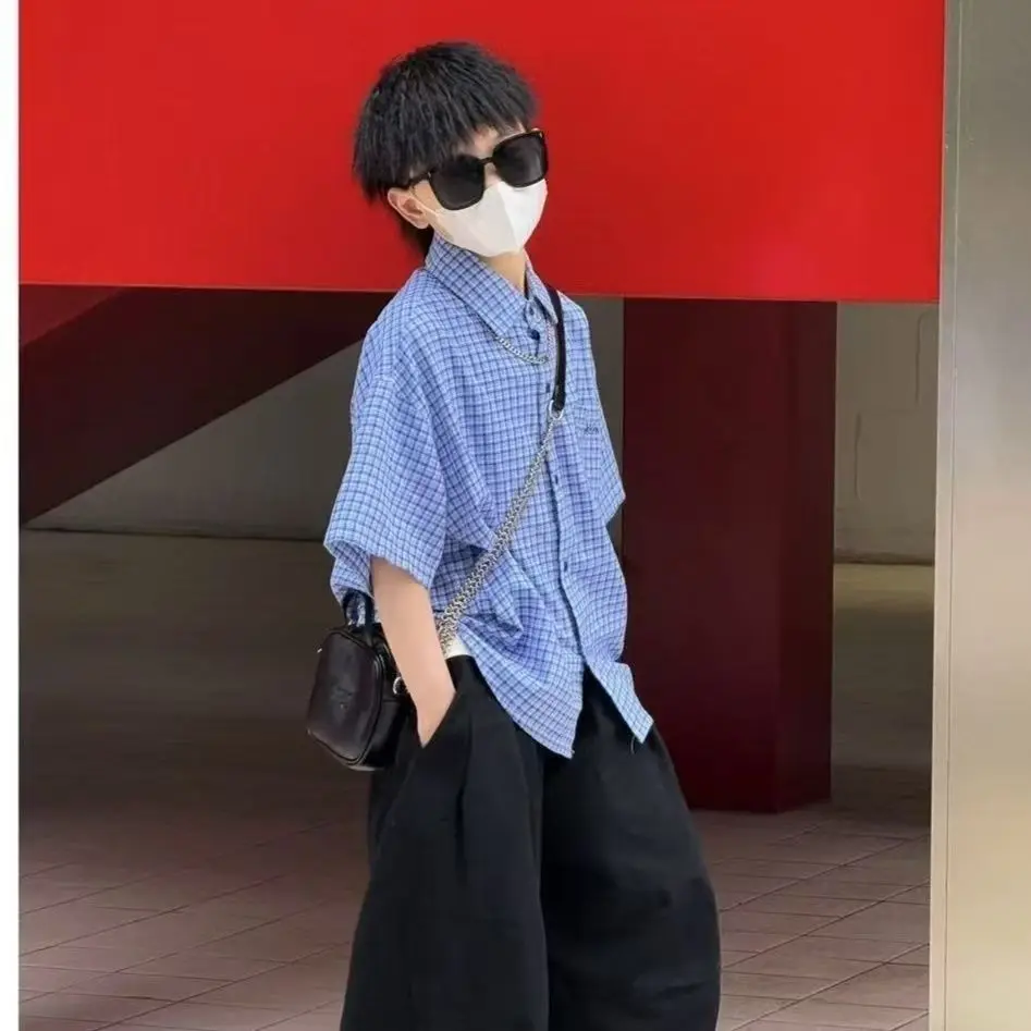 Boys' Summer Short Sleeved Shirt Boys' Pure Cotton Summer Blue Checkered Top Cotton Wide Leg Pants Set