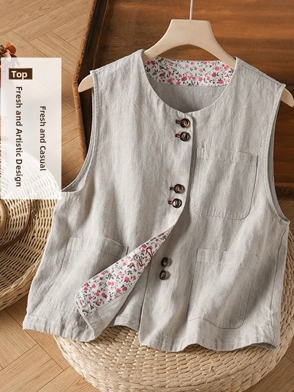 Gilet di lino retrò da donna Estate 2025 Strati larghi Sensazione di fascia alta Capispalla Personali Bottone superiore rotondo Ne Bottone singolo