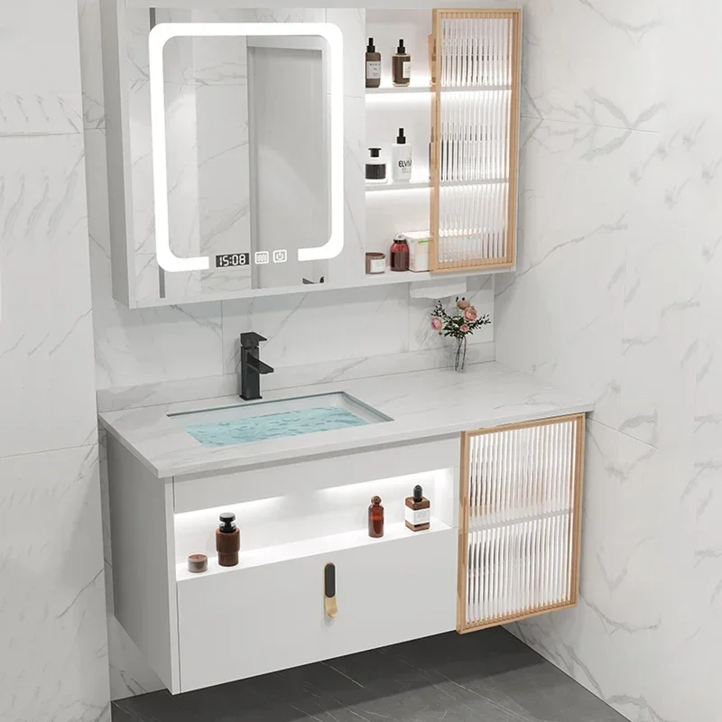 Mueble de baño inteligente de losa de roca, mueble de baño moderno y sencillo con espejo de belleza para apartamento, Combo de tocador, Muebles de Baño FYBC