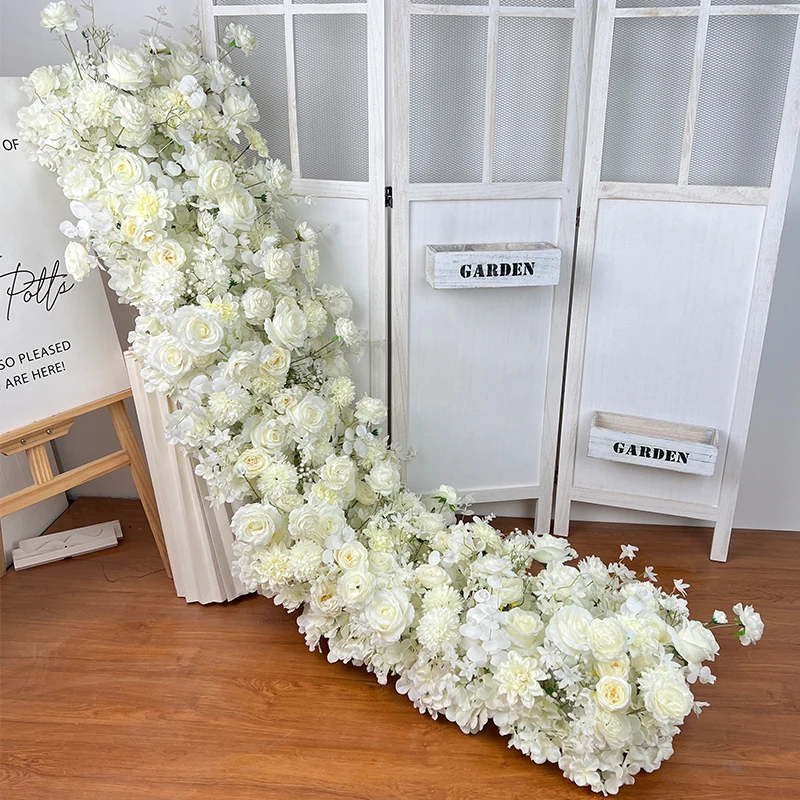 1M 2M White Rose Hydrangea Flower Row Runner Artificial Flower Ball Wedding Backdrop Decor Floral Wall Party Prop Window Display