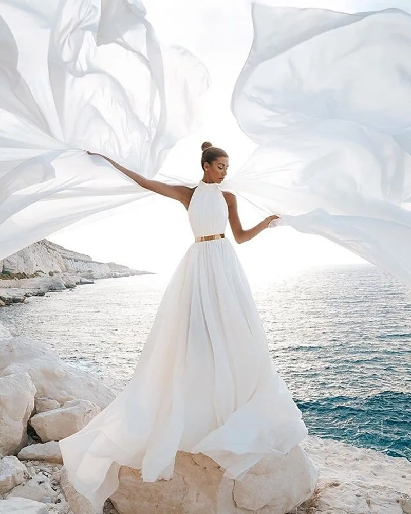 

Soft Satin White Wedding Dress Sexy Beach Backless A Line Halter Neck Sleeveless Floor Length Bridal Gown Vestido De Novia