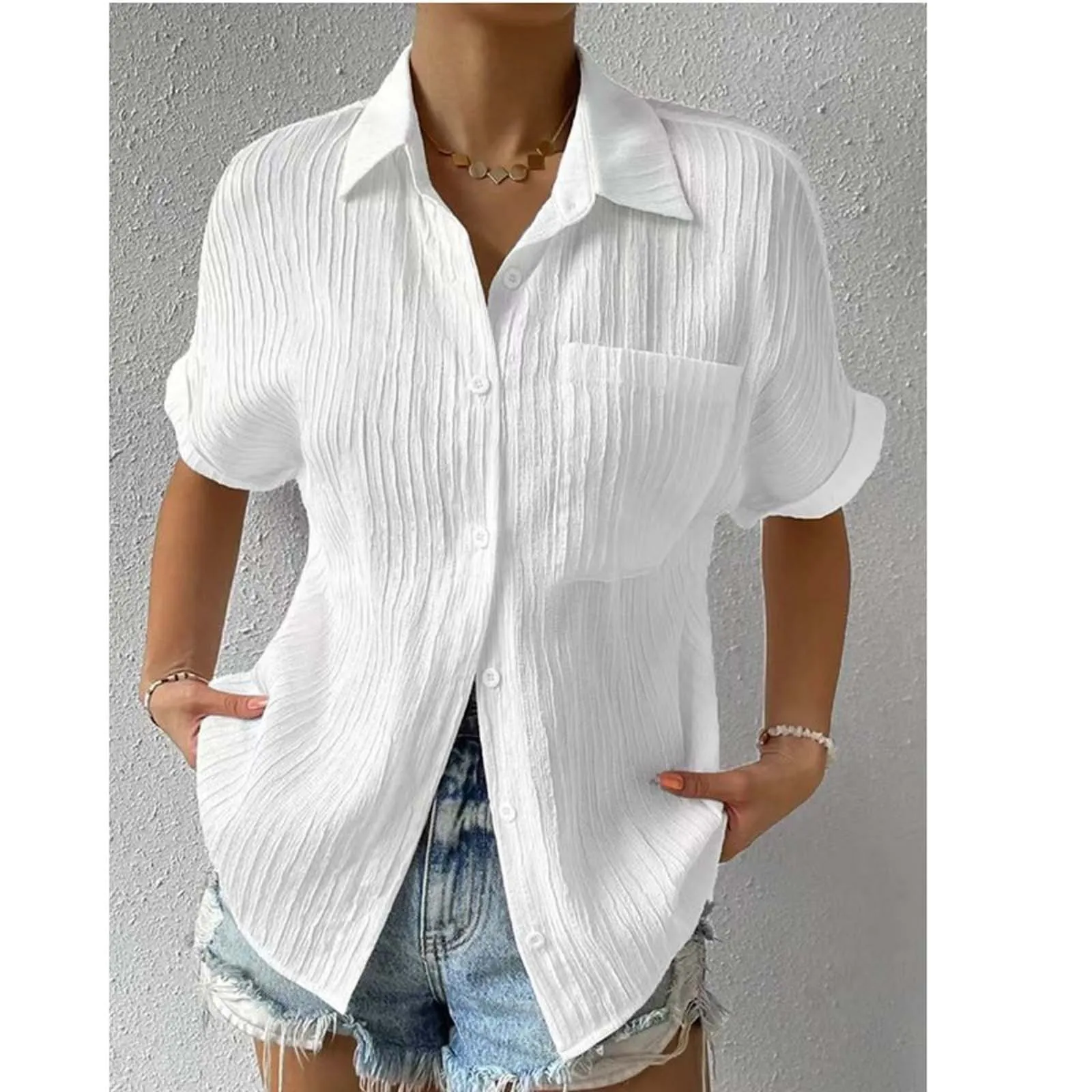 

2023 Summer Fashion Women's Clothing Pleated Simple Casual Button Up Shirt Solid Pocket Short Sleeve Blouse Loose All Match Tops