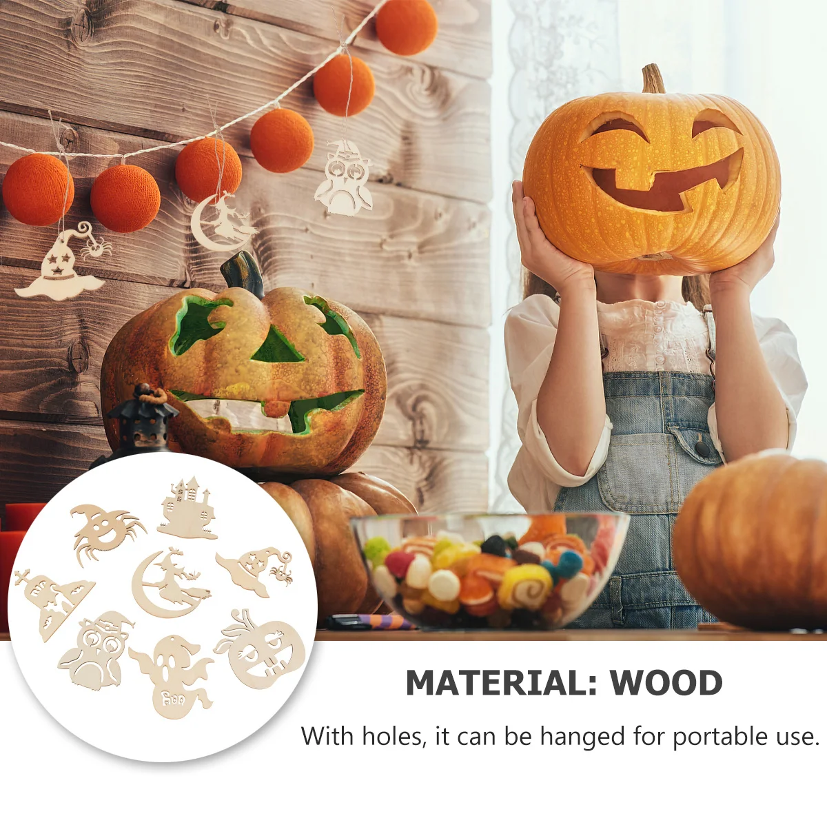 

45pcs Halloween Wooden Hanging Ornaments Durable Diy Craft Pendant Halloween Party Decoration Wooden Slice Handicraft Gift