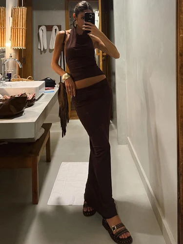 Sisterlinda, versión de verano, traje de falda de calle Sexy hasta el tobillo para chica K25S65003, traje de falda ajustada con espalda descubierta y cuello Halter liso