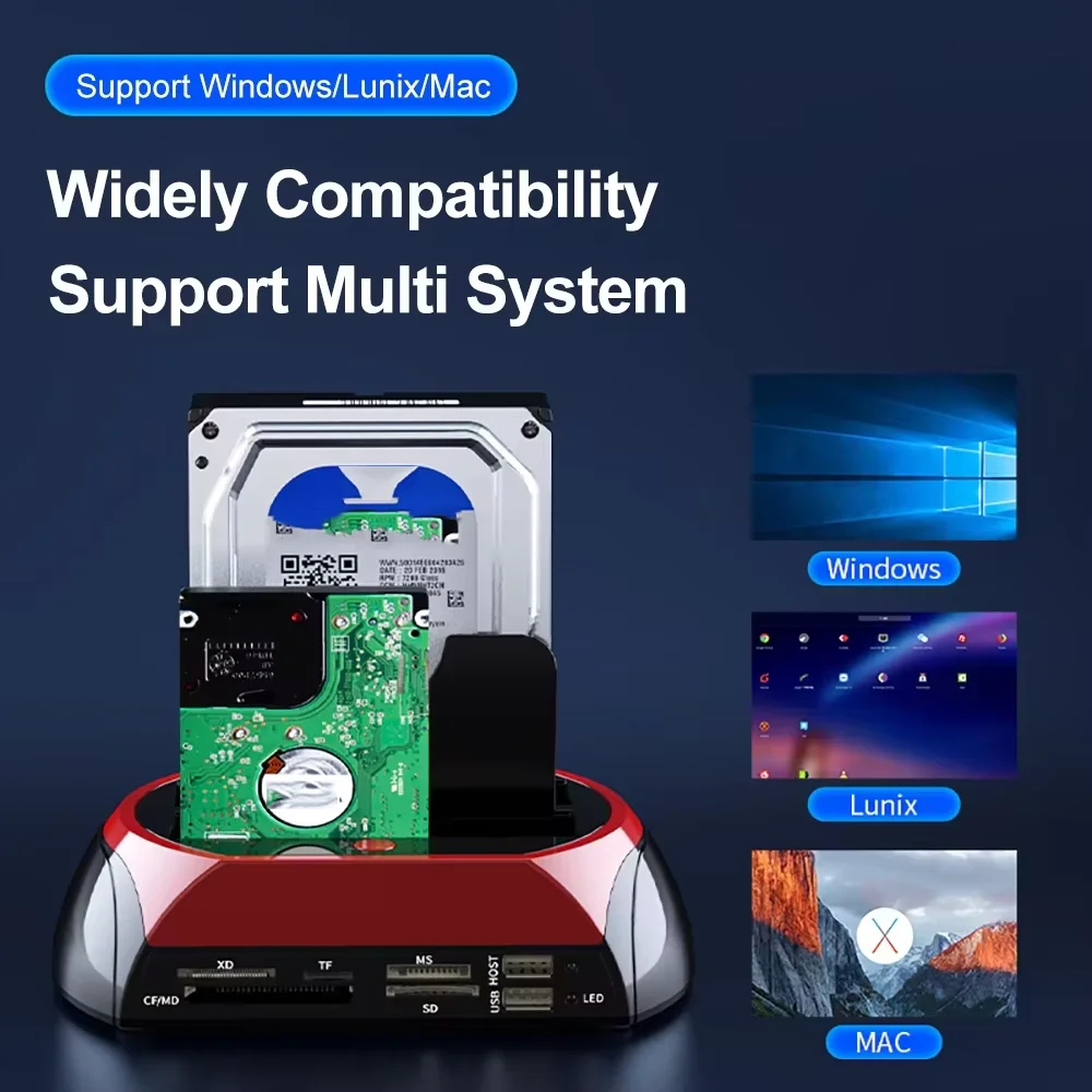 Estación de acoplamiento de disco duro de doble bahía 10 en 1 para HDD SSD SATA de 2,5/3,5 pulgadas a USB 3,0 HDD SSD con adaptador de corriente 12V3A