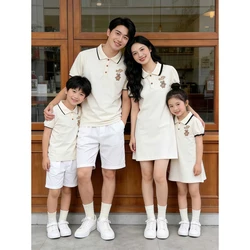 Family Matching Outfits Bear Embroidery Mother Daughter Dress Father Son Polo Shirts for Family Photoshoot Baby Kids Clothes