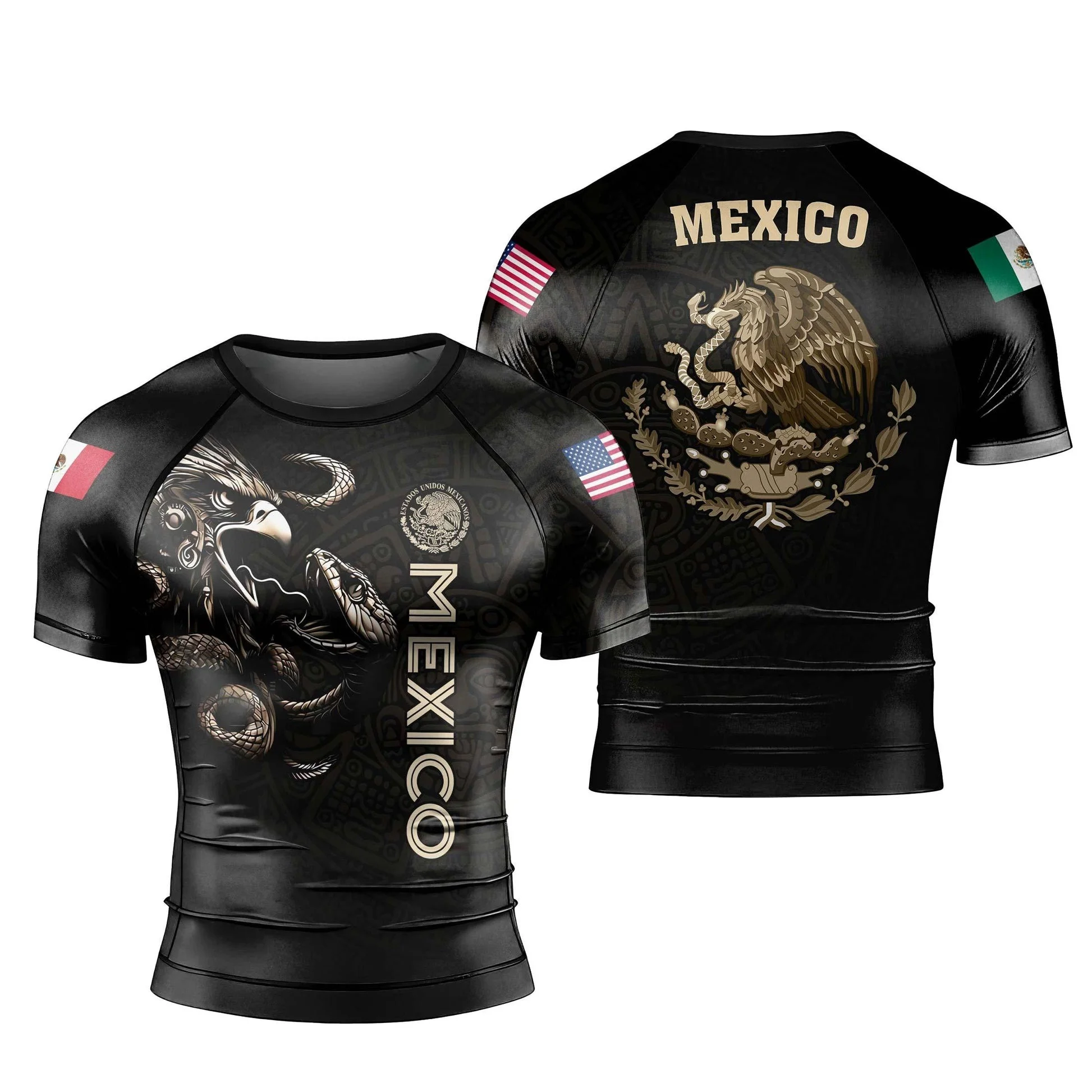 Mexico x America Flag Eagle Snake T-shirt Men And Women Gym Fitness Training Short Sleeve 3D Printed Workout Quick Dry Clothing