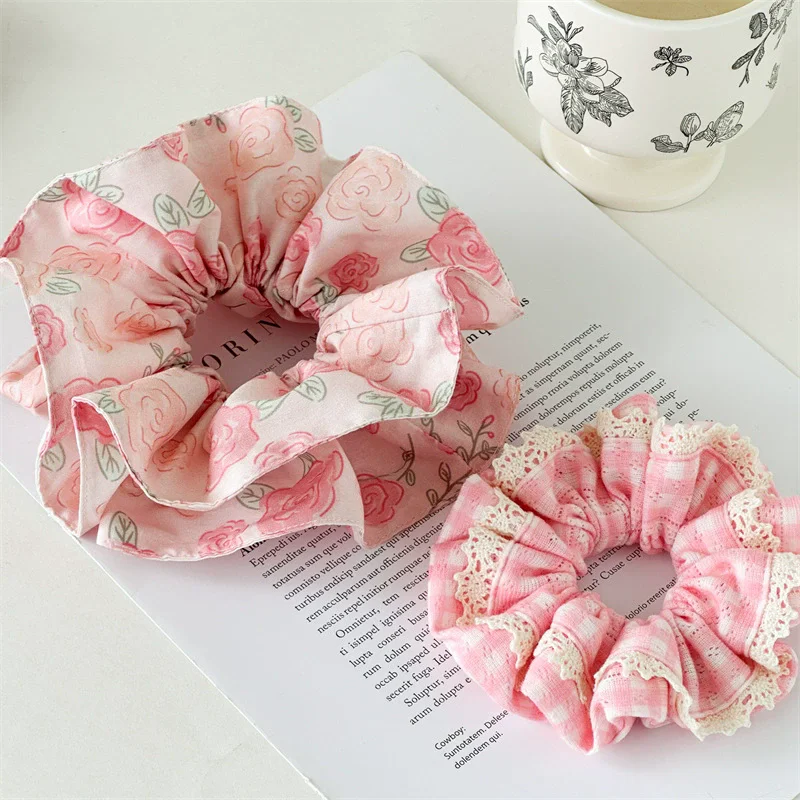 

2025 Spring Rose Flower Hand-made Large Intestine Scrunchie For Sweet Girls Fabric Elastic Hair Rope Hair Accessories