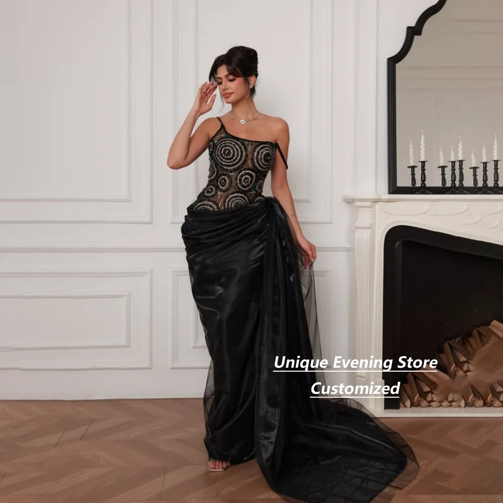 Customized Black One Shoulder Heavy Beaded Spiral Pattern Bodice Draped Satin Tulle Formal Party Evening Gown For Women