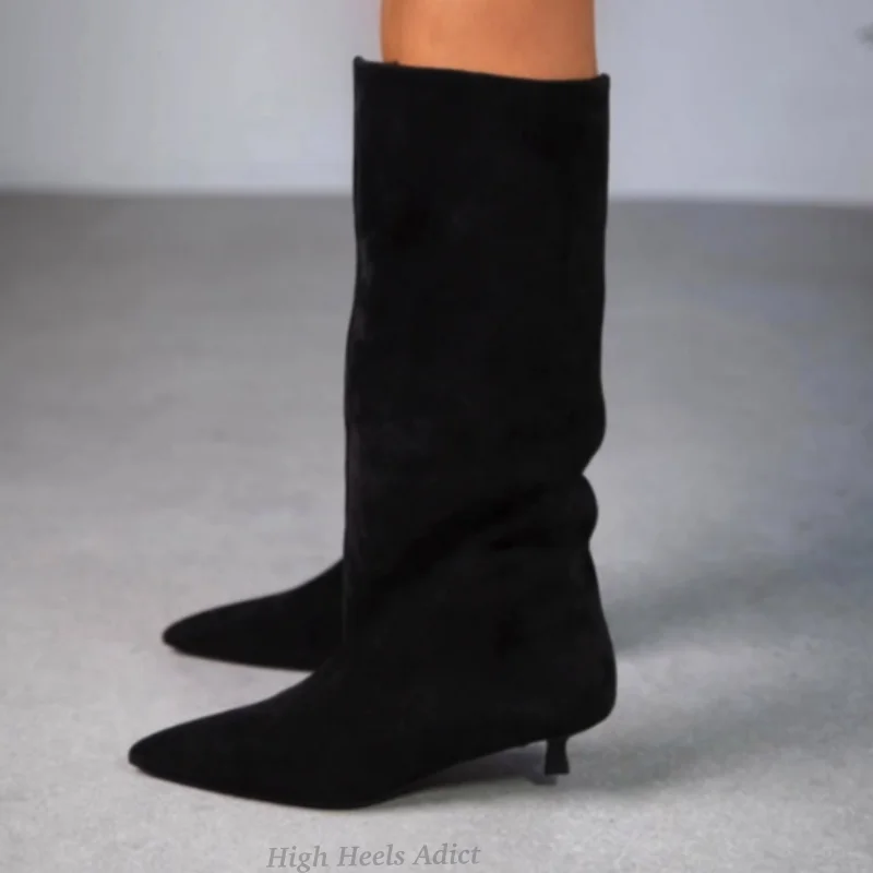 

Черные замшевые сапоги до колена на каблуке «котенок», женские удобные сапоги с острым носком на низком каблуке, зимние роскошные дизайнерские модельные туфли