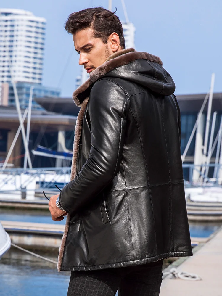 Men's Winter Shearling Jacket Fur Coat Long Genuine Leather Men Hooded Thickened Sheepskin Warm Overcoat