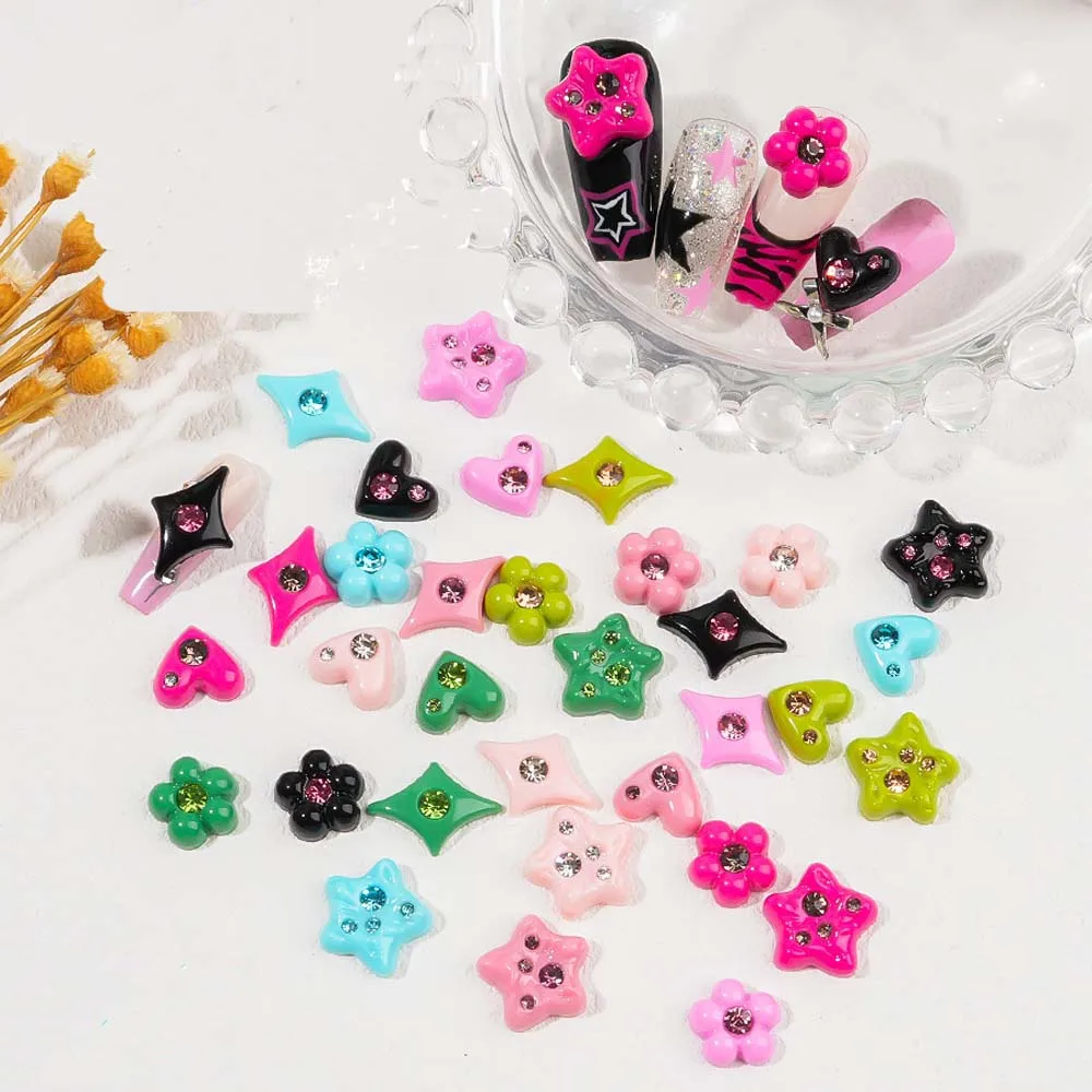 10pcs Y2K Dopamine Girls Nail Art Charm 3D 2023 New Candy Color Star Heart Inlaid Diamond Nail Decor Parts Cartoon Nail Parts