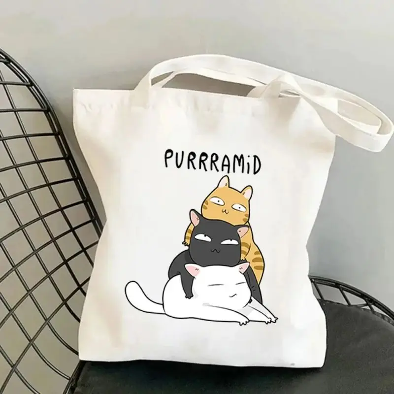 Black Cute Weird Cats Art Designer Shopping Bag Handbag Canvas Reusable Large Capacity Storage Tote Bag Travel  Shoulder Bags