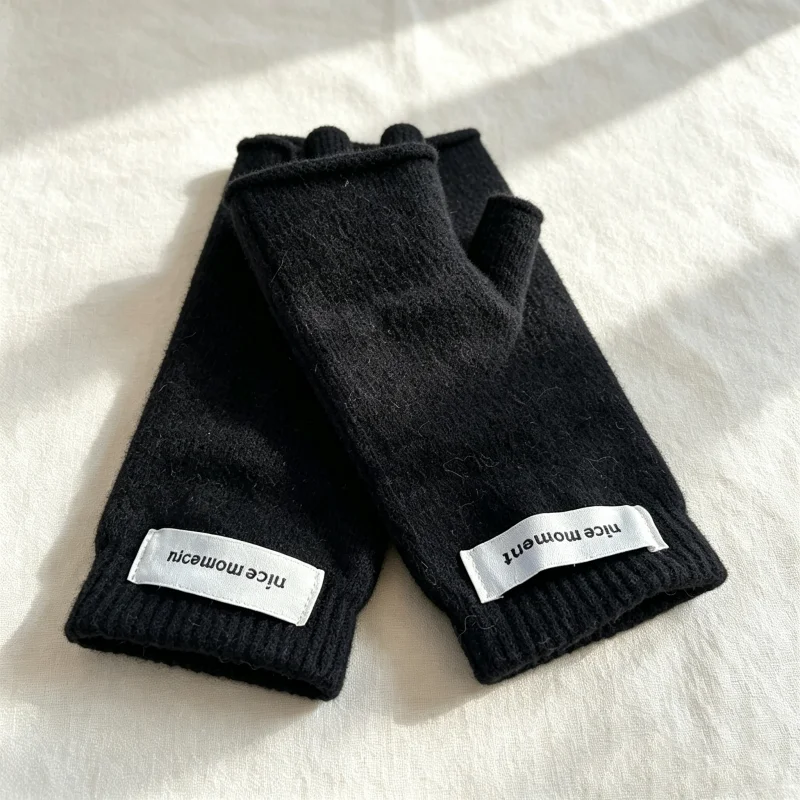 2/1 Pair of Women's Black Fingerless Gloves, Thickened for Warmth in Winter, Soft and Stretchy Half-Finger Gloves, Suitable for Typing, Driving, Office Work, and Outdoor Wear