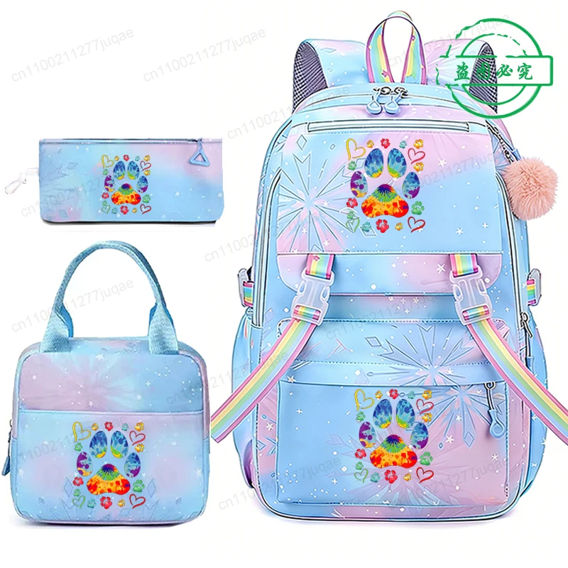 Kawaii Tie Dye Paw Anime Backpack Fashion School Bag for Teenager Female Girls Kids Student Casual Bookbag Travel Mochilas
