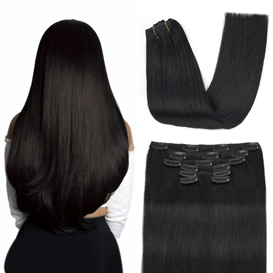 LOVELINE  7Pcs Clip In Hair Extensions 100% Human Hair Clip In Human Hair 120G Straight Remy Hair Natural Black