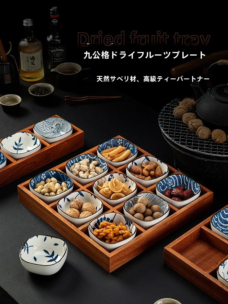Holz japanische Sle Nine Grids Eintopf Snack Platte Tee Zeremonie Tablett Aufbewahrungsbox rechteckige handgemachte Retro Essgeschirr