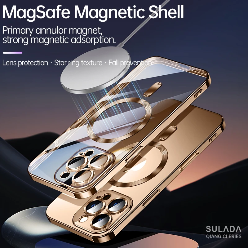 

Original Sulada Magsafe Case For iPhone 16 15 Pro Max Electroplated Glossy Transparent Magnetic Armor Shockproof Back Cover