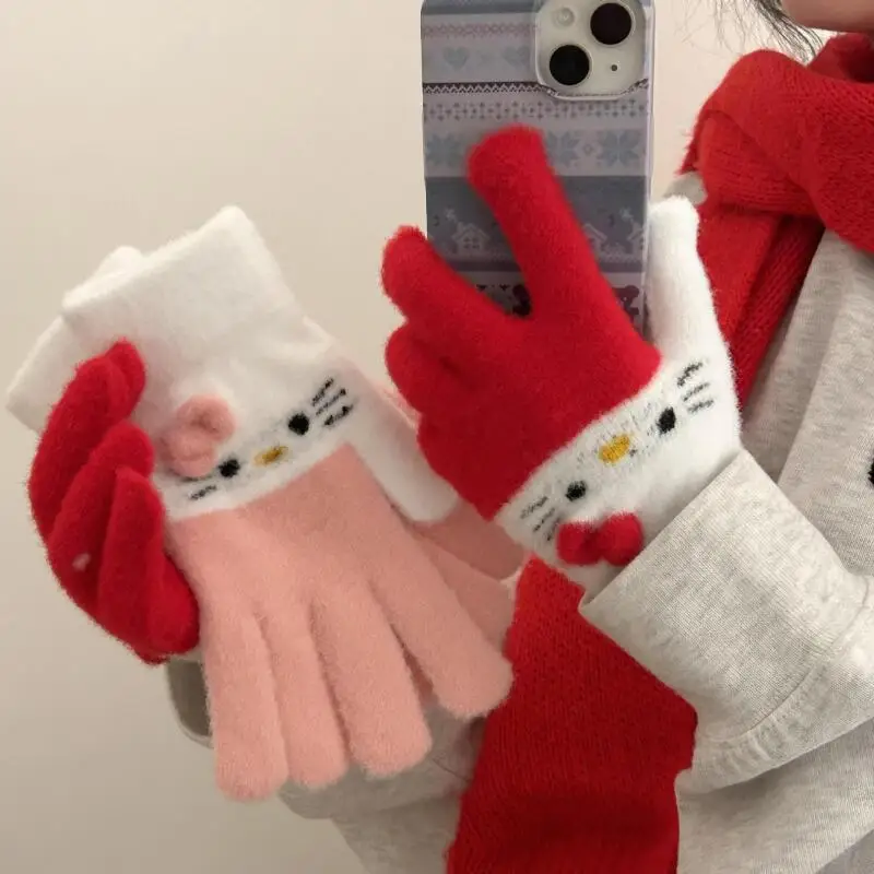 Kawaii hello kitty luvas de pelúcia estudante sanrio bonito anime outono inverno quente engrossar luvas anticongelante luvas de equitação ao ar livre