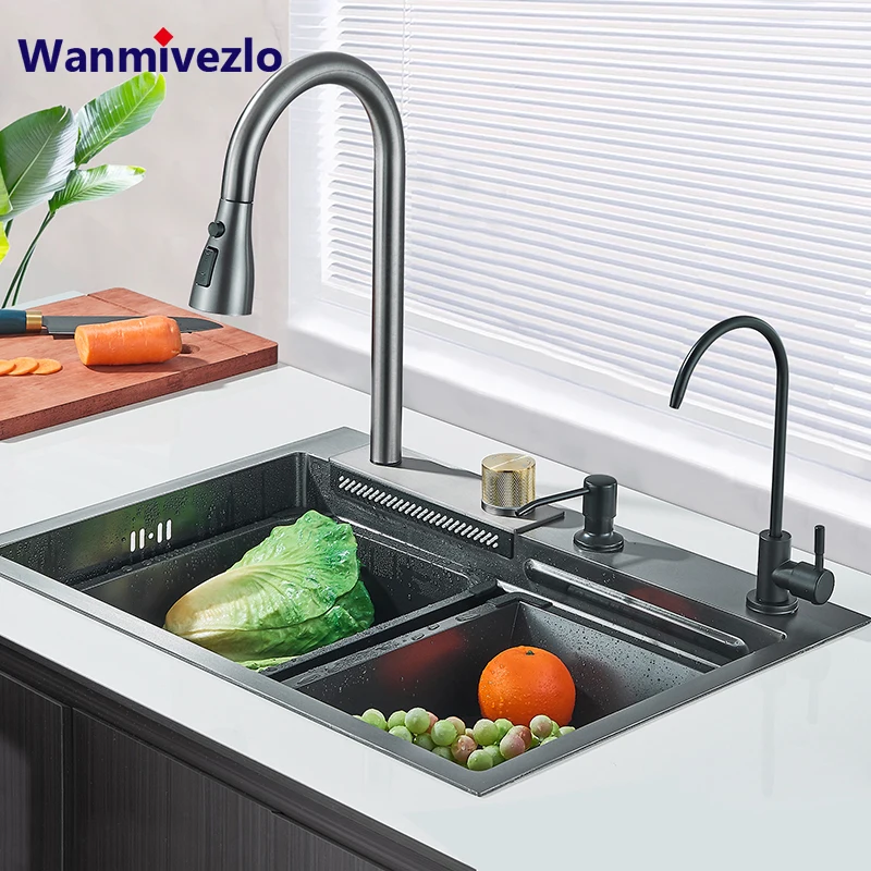 

304 5 Water Discharge Modes Stainless Steel Waterfall Kitchen Sink Large Single Slot Integrated Digital Display Faucet Set