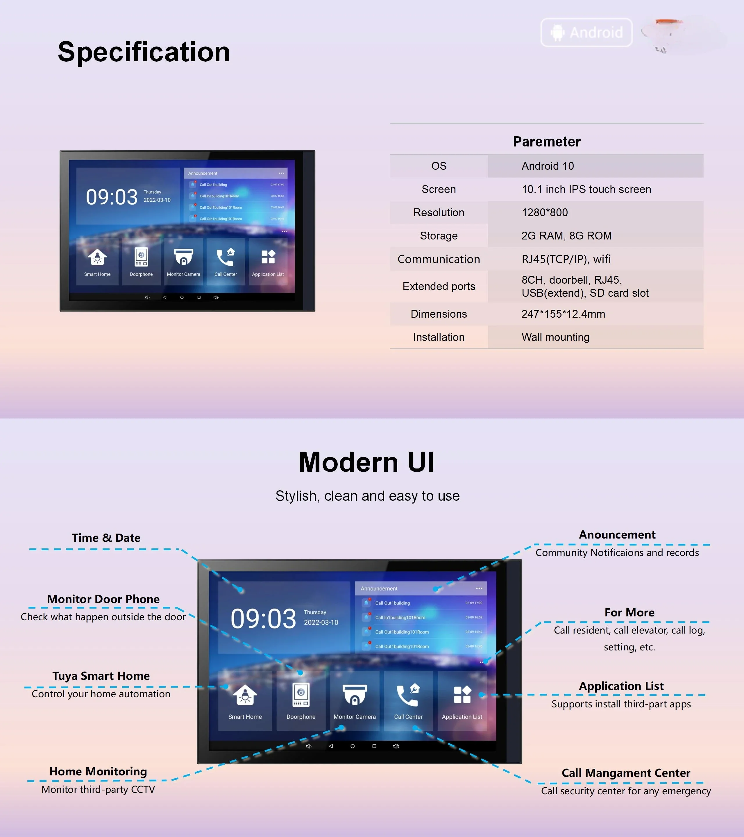 Smartlife Control Panel Android 10 Tablet with 2G RAM Intercom Monitor Support on Vif IPC CCTV Camera VDP Wall Screen