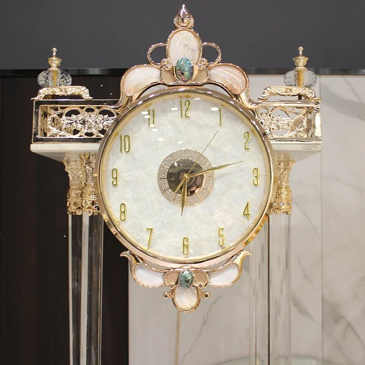 Antique Aluminum Dial Steel Glass Housing Floor Clock Elegant Home Decor with Jade Base