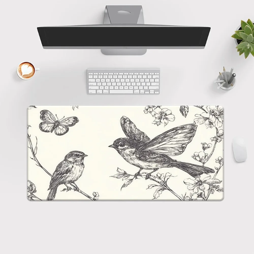 

Vintage Inspired Birds & Butterfly Large Desk Pad, Extended Mouse Pad, Aesthetic Desk Mat for Home Office