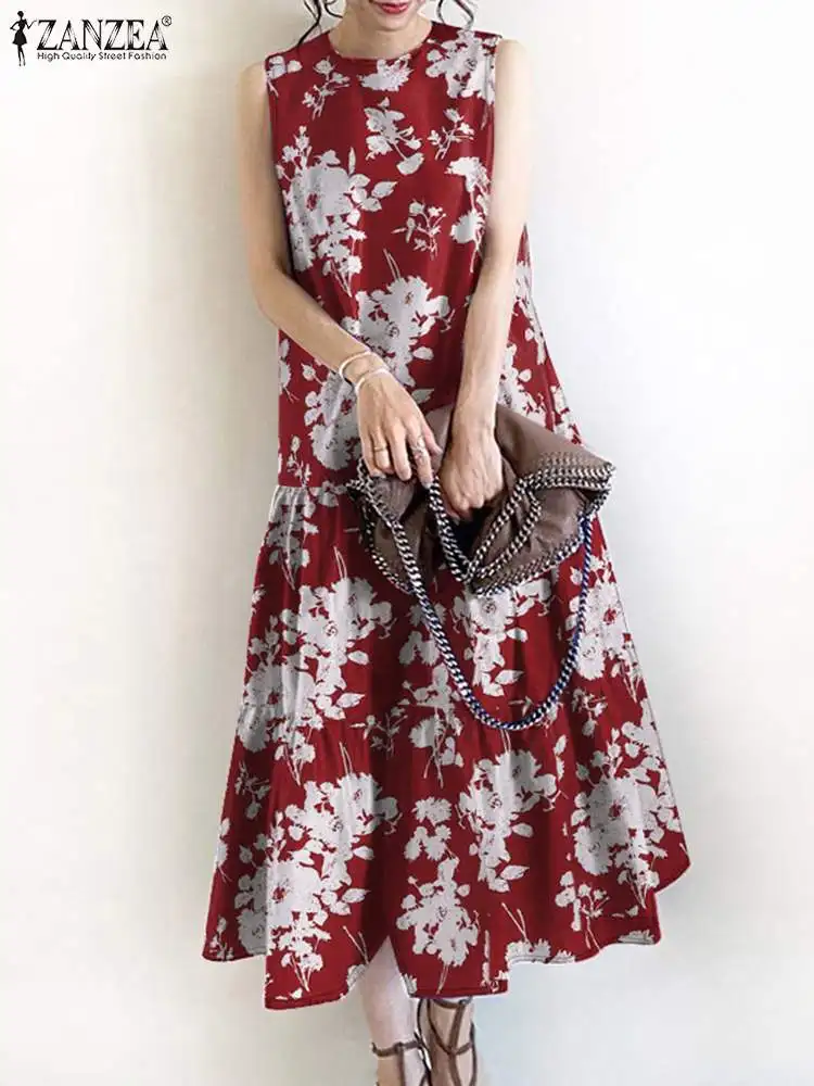 ZANZEA Casual Tiered Midi Vestidos Floral Print Fashion Holiday Women Tank Dress Sleeveless Bohemian Summer 2024 A-line Robes