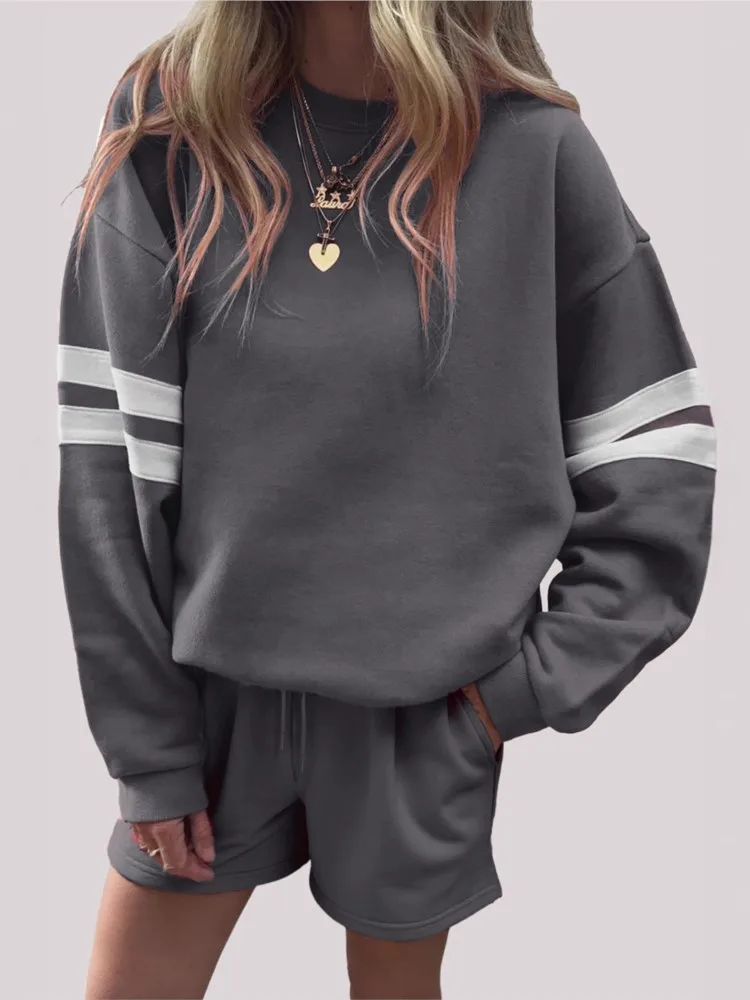 

Модный полосатый комплект с капюшоном для женщин, повседневный пуловер с длинными рукавами, топы + шорты, комплекты из 2 предметов, женская спортивная уличная одежда, женская одежда