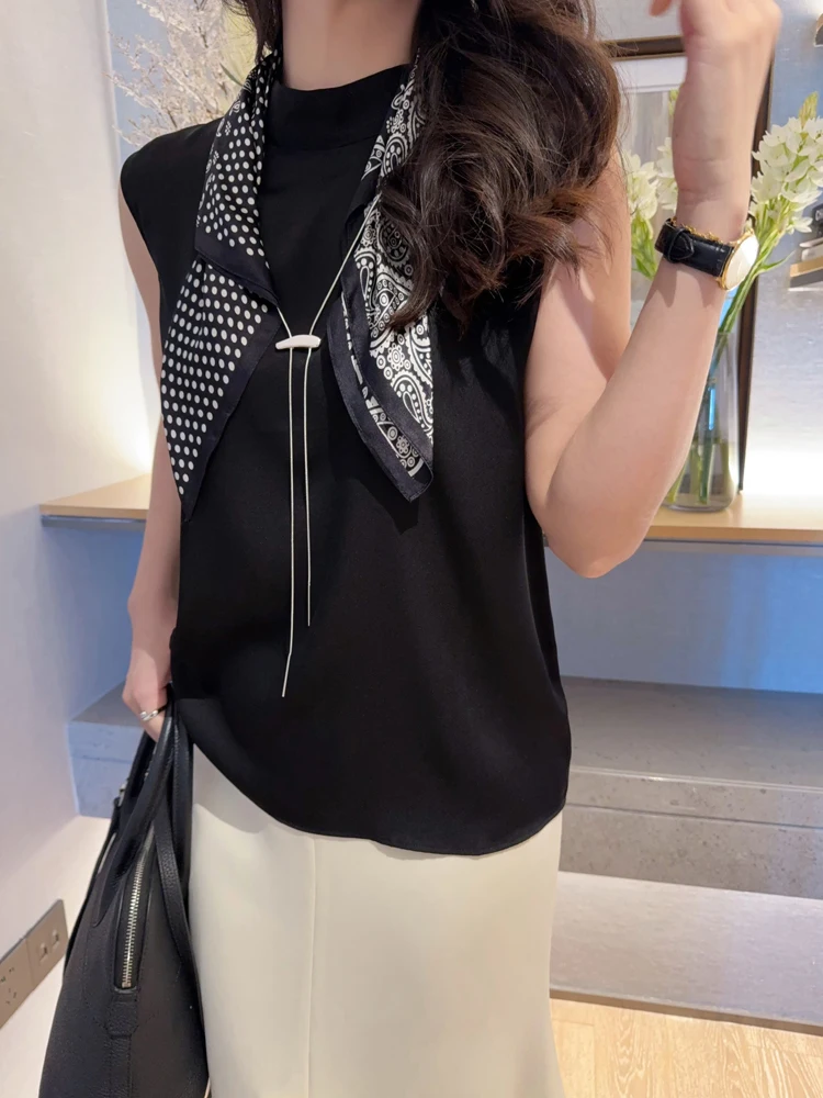 

Silk Sleeveless Stand Collar Vest Comfortable Versatile Minimalist Black Top Women's Fashion Casual Wear Summer 2025 China Or...