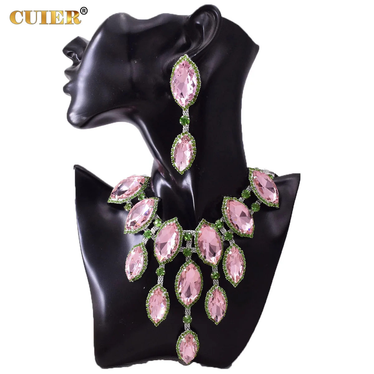 

CUIER Glass Rhinestones strass Big Necklace for Bridal Wedding pendant necklaces Pink V shape jewelry for women