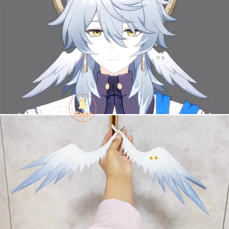 iCoser Sunday Cosplay Wig Wings Headwear Earrings Honkai Star Rail Light Blue Hair Halloween Party for Women Men Accessory Props