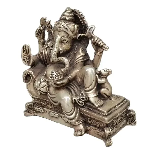 

Copper Statue 6" Lucky Chinese Tibet Silver 4 Arms Ganesh Elephant Mammon Buddha Mouse Statue