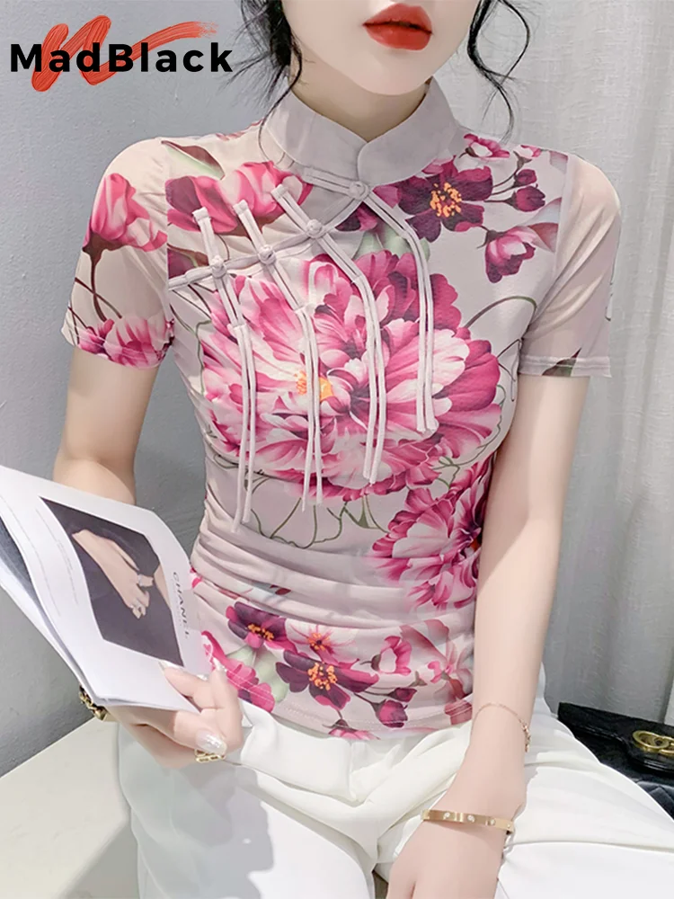 MadBlack Summer European Clothes Tshirts Ladies Sexy Stand Collar Print Slim Tops Short Sleeve Office Workwear Tees T37117JM