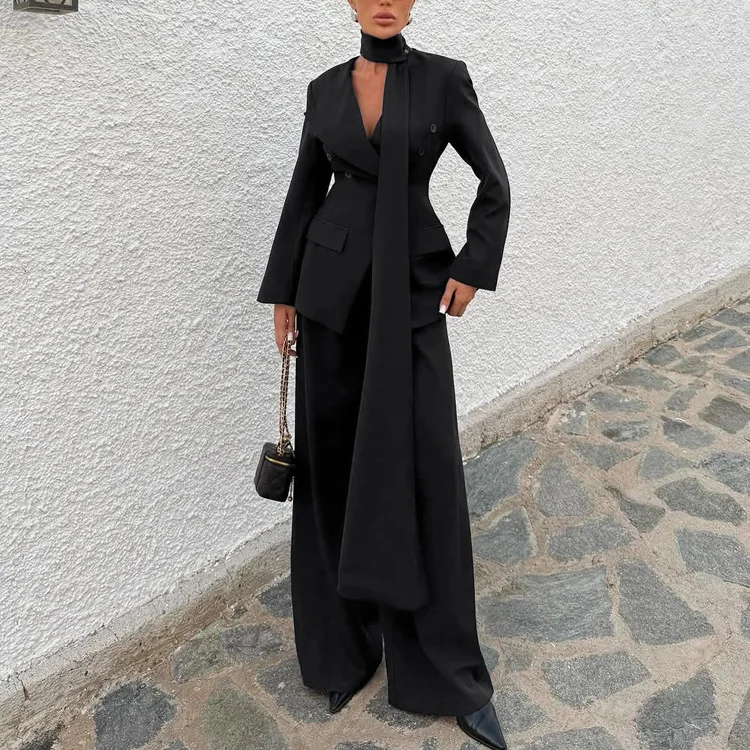 

Black Blazer 2 Piece Set Women Scarf Collar Double Breasted Jacket Wide Leg Pants Outfits Elegant Office Siren Matching Set