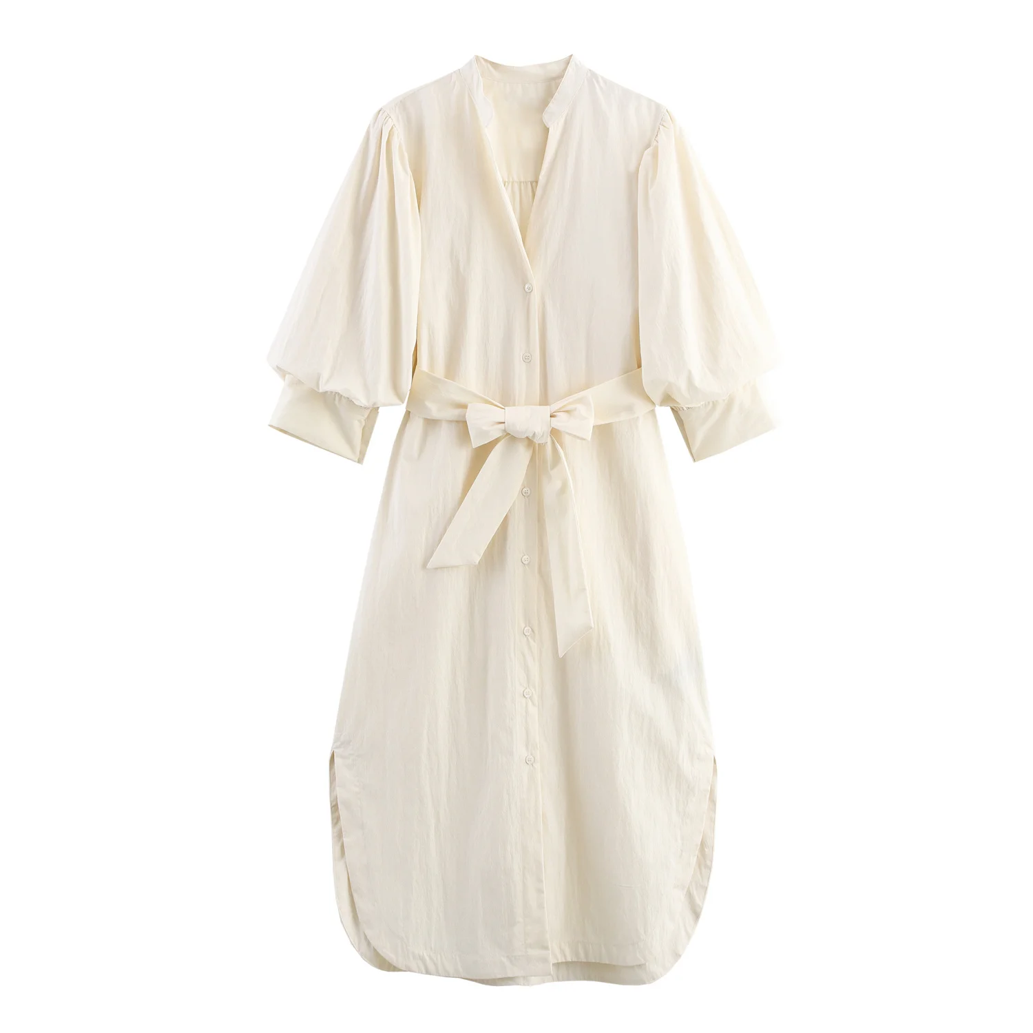 Women Ivory Puff-Sleeve Shirt Dress  Bow Belt  Button-Front Midi Length Casual Dresses