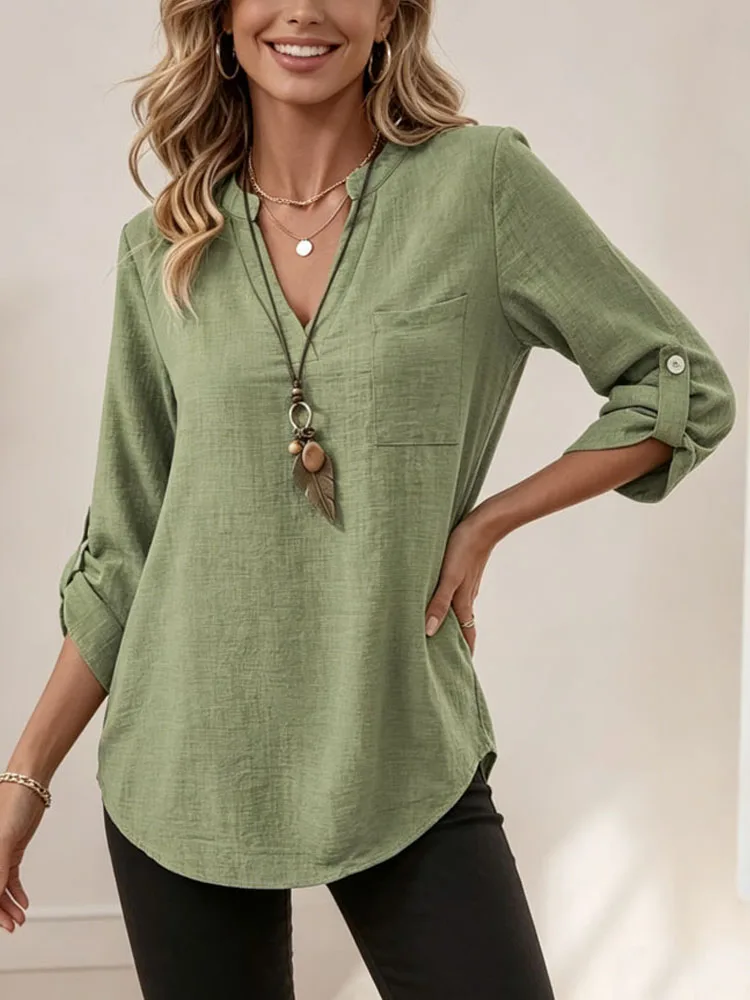 

Elegant Fashion Casual Loose Blouse 2026 V-neck Spring Women Three-quarter Sleeve Shirts Solid Color Pocket Simple Office Tops