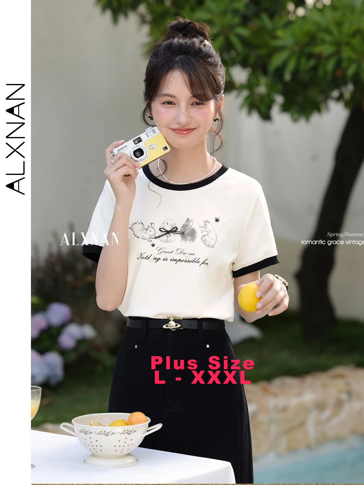 

ALXNAN Plus Size Women's Printed T-shirt White Cotton Short Sleeve T-shirt 2025 Summer Fashion Elegant Casual Tops Ladies D10937