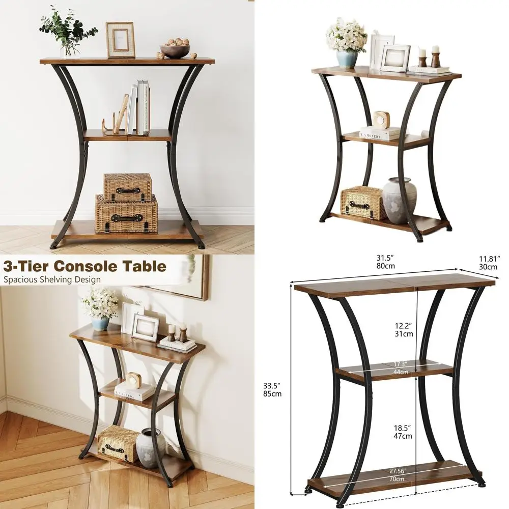 

Narrow 3-Tier Rustic Console Table with Curved Metal Frame, Open Shelves for Entryway, Living Room, or Foyer in Rustic Brown