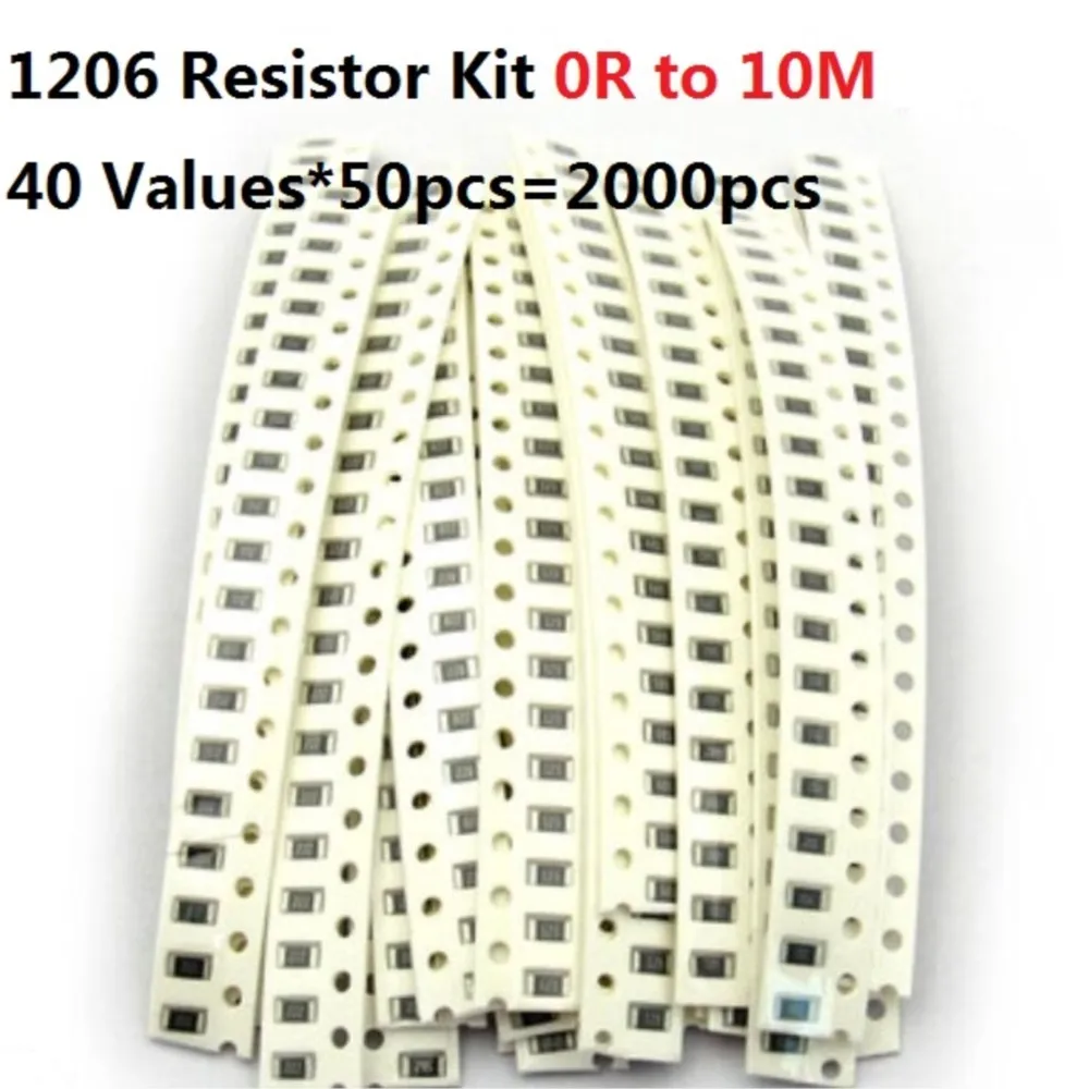 40 Values*50pcs=2000pcs SMD 1206 Resistor Kit 0 Ohm-10M 5% Resistance Assorted Kit Set 1R 10R 47R 68R 470R 1K 10K 22K 1M Pack 