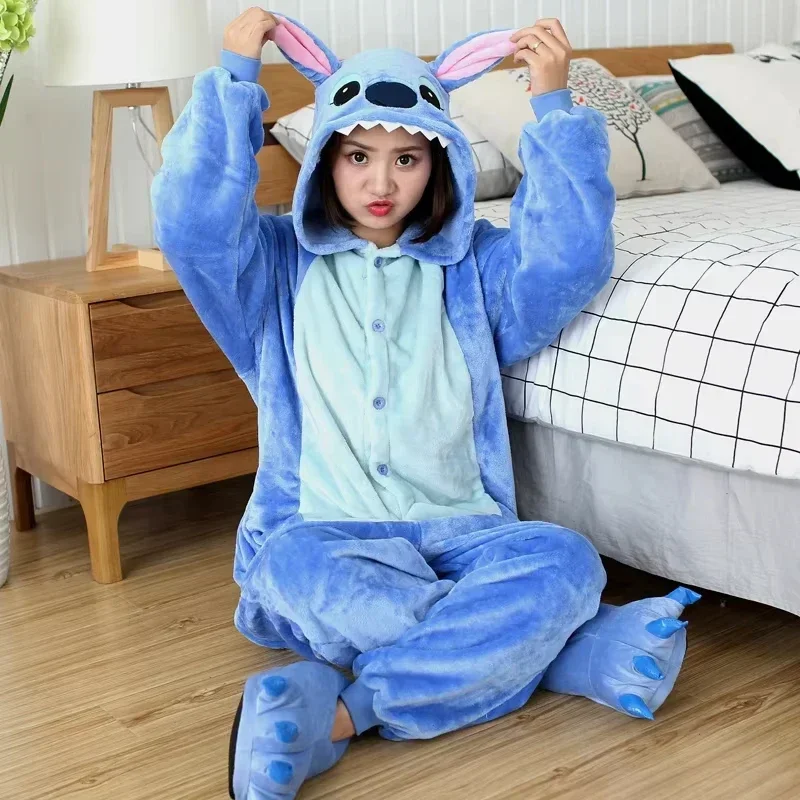 Disney Stitch Winter Adult Jumpsuit Men\'s and Women\'s Sleepwear Set Integrated Halloween Christmas Hooded Cartoon Jumpsuit