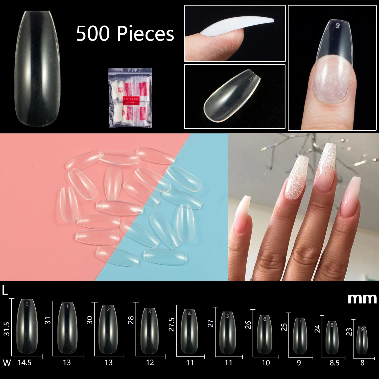 500 Pieces/Pack Narrow Ballerina Coffin False Nail Tips 10 Sizes 50pcs for Each Size Press on Fake Nail Refill Pack Full Cover