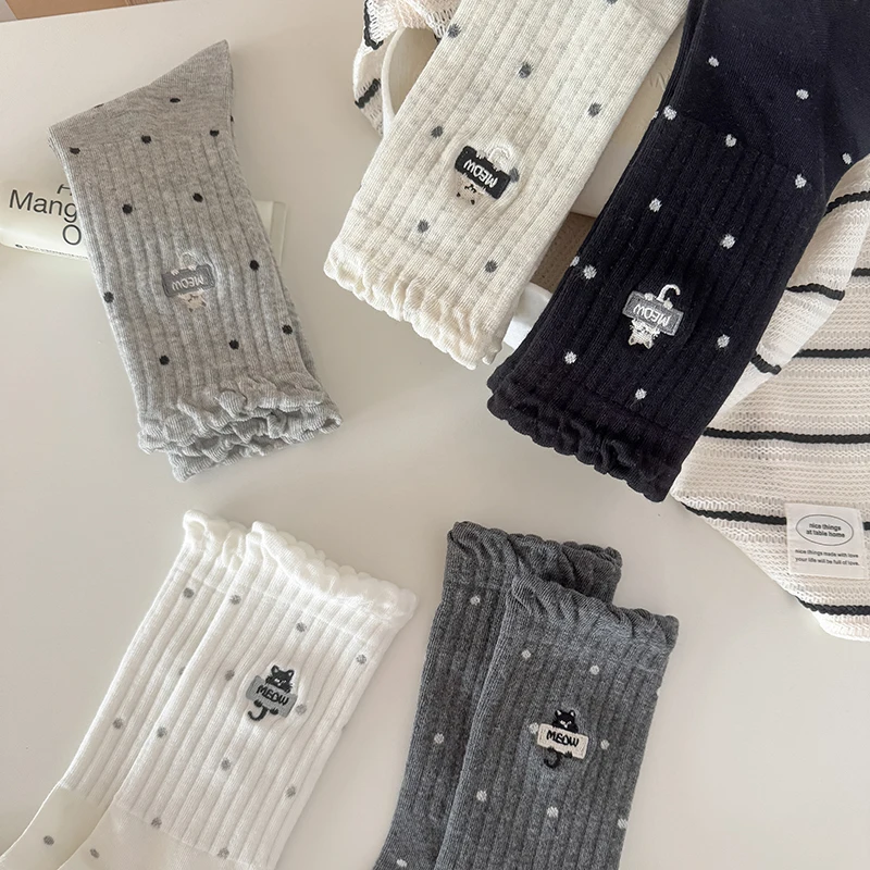 

Женские носки Kawaii, новые тенденции, милые носки с вышивкой и героями мультфильмов для девочек, дышащие длинные повседневные хлопковые носки в горошек, удобные носки