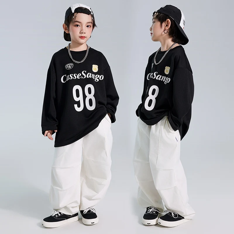

2024 Boys Hip Hop Clothes Black Sweater White Cargo Pants Street Dance Practice Clothing Jogger Break Performance Outfit BL14239