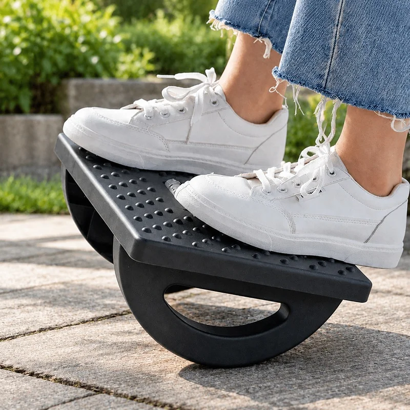 Portable foot stool featuring massage rollers, designed ergonomically for under-desk comfort in home and office settings