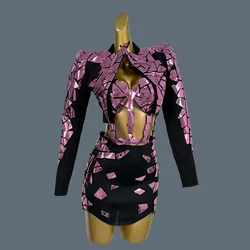 Party Sequins Suit Stage Performance Crop Tops Mini Skirt with Jacket 3Pcs Set Music Festival Dress Up Photograph Wear Suipian